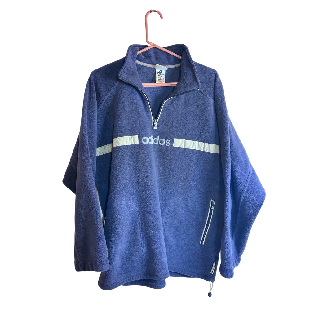 Adidas Fleece Pullover XL Blue Quarter Zip Vintage Stripe Mens